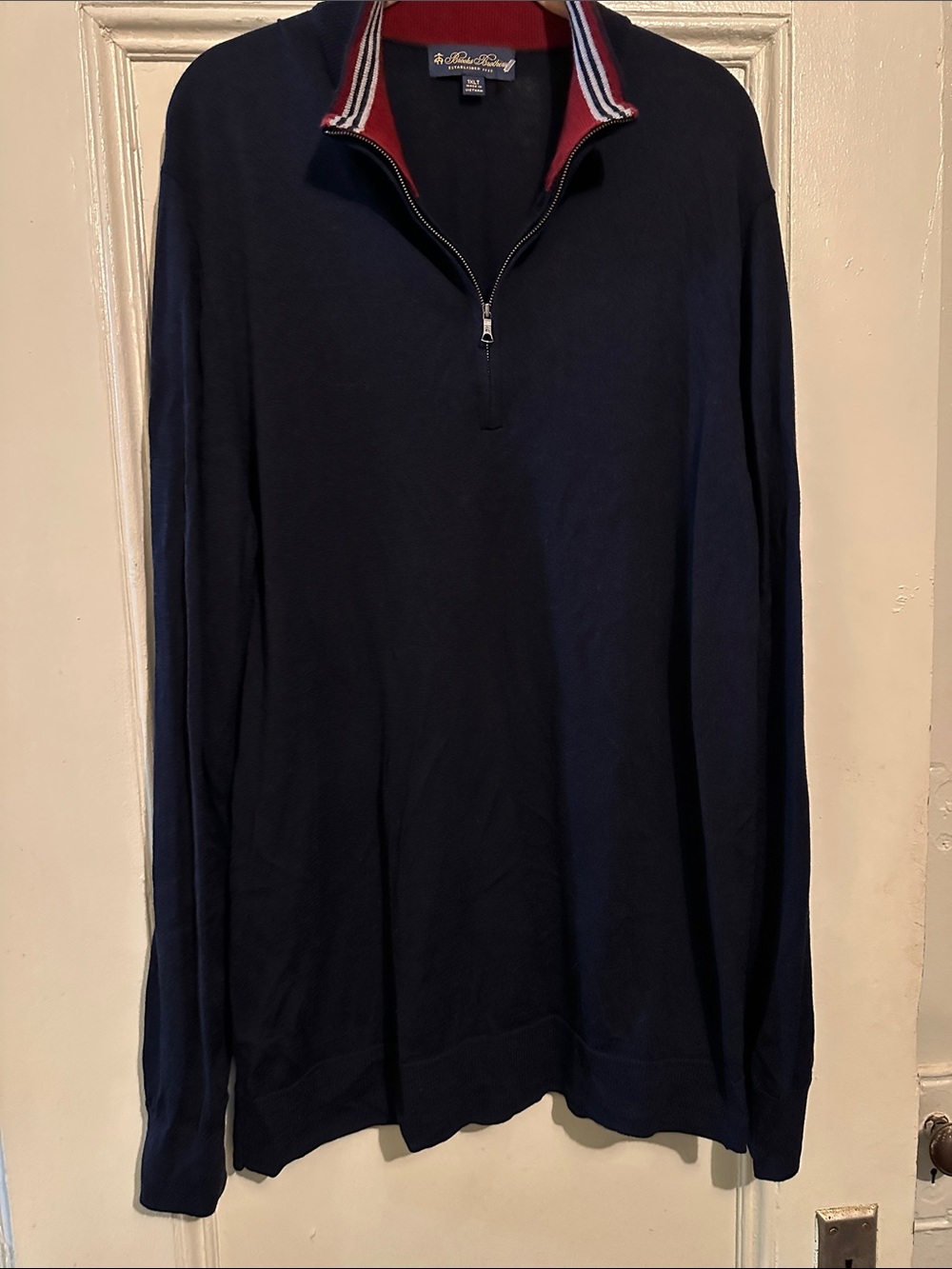 Brooks Brother Navy Half-Zip Sweater with Red & Grey Contrast Collar. Size 1XL T